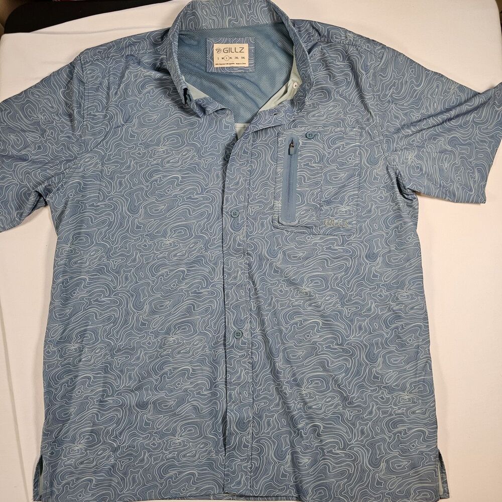 Gillz AOP Blue Men's Fishing Shirt Short Sleeve Button-Up Zipper Pocket L Vented